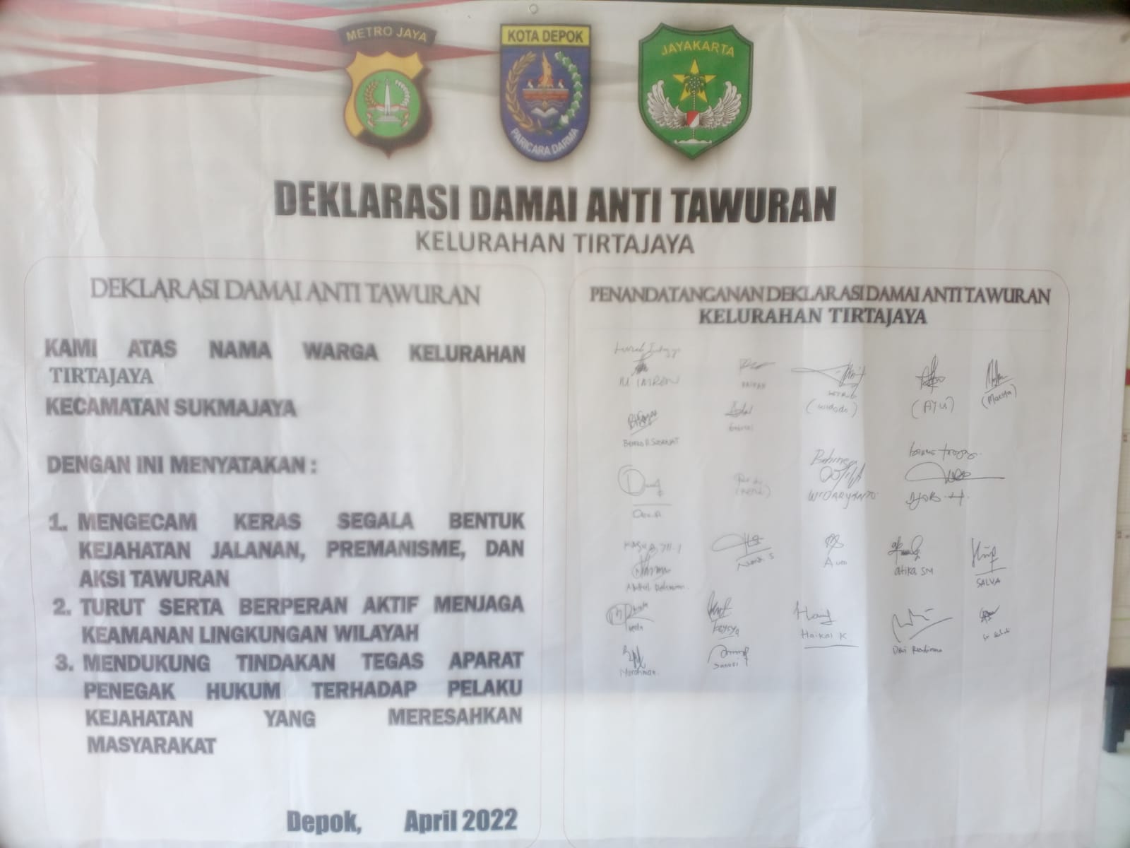 Deklarasi Damai Anti Tawuran Dideklarasikan di Kelurahan Tirtajaya