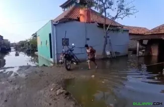 Salah satu warga melintas sisa banjir di Desa Sayung, Kecamatan Sayung, Kabupaten Demak, Jawa Tengah.