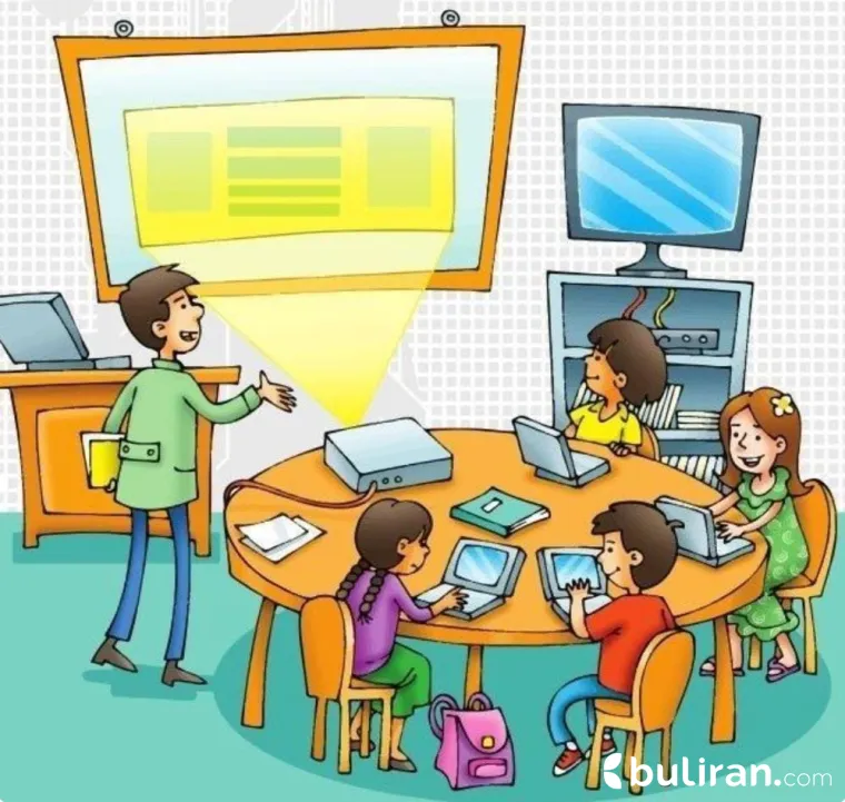 Ilustrasi proses belajar dengan perangkat Interactive Flat Panel (IFP) atau Papan Interaktif Pintar (smartboard).