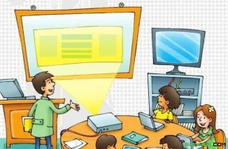 Ilustrasi proses belajar dengan perangkat Interactive Flat Panel (IFP) atau Papan Interaktif Pintar (smartboard).