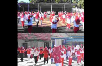 Sambut HUT RI-79, Persit KCK Cabang XXXIX Kodim Banyuwangi Kenakan Dresscode Merah Putih Saat Senam Bersama
